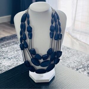 C Wonder Navy Blue Faceted Bead Statement Necklace Silver Accents